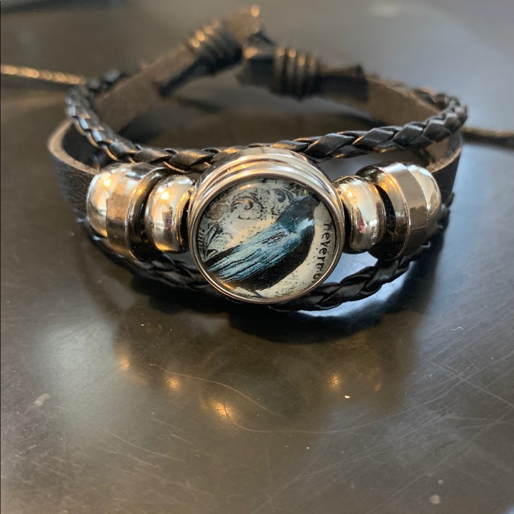 Leather and Beaded Adjustable Raven Bracelet